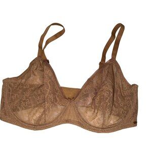 Savage X Fenty Women's Bra Tan Lace Overlay Spellout Logo Adjustable Size 36DDD